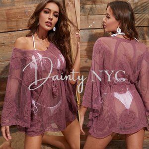 Boho Sheer Tassel Tie Cover Up Mauve
